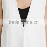 Collarless V-neck Longline Women Vest Woven Vests With Pockets thumbnail-5