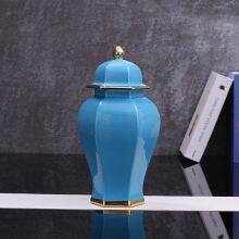 Hexagon New Chinese Style Large Blue Gild Ceramic Vase Decoration Art For Hallway TV Bench thumbnail-2