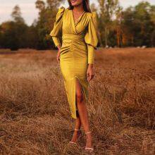 Simple and Generous Solid Color V-neck Split Women Dress thumbnail-2