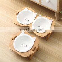 Non-slip Feeding Cat Pet Dog Stand Natural Bamboo Rack Ceramic Bowls Feeder for Pets thumbnail-3