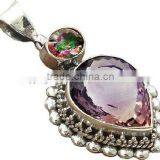 Sterling Silver Blue Topaz & Garnets Pendant , Semiprecious Pendant K1202 thumbnail-2