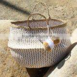 Pompom Beach Bag/Pompom Bag, White Zigzag Belly Basket With Pompom thumbnail-3