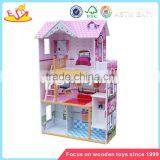 Wholesale Lovely Role Play Kids Wooden Dollhouse Delicate Style Children's Wooden Pink Dollhouse for Sale W06A032 thumbnail-1