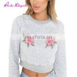 Drop Shipping Gray Fashion O Neck Exposed Navel Embroidered Women Blouse Tops thumbnail-1