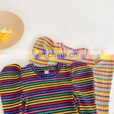 Autumn Baby Girls Colorful Tops Striped Kids Rainbow Tops Casual Solid Puff Sleeve Fashion Wholesale Children Clothing thumbnail-5
