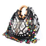 Ethnic Style Wood Bead Strap Multi-color Stripes Cloth Tote Shoulder Bag Handbag Quality Choice thumbnail-2