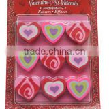 Hot selling different printing heart shape 9 pcs eraser set