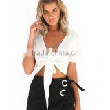 Latest Design Sexy Deep V Neck Crop Tops Short Sleeve Blouse 2017 thumbnail-1