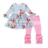 High Quality Baby Girl Cotton Sets Floral Top And Pink Trousers Ruffle Back To School Kids Girl Outfits thumbnail-1