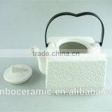 Stocklot Cheap White Porcelain Big Capacity Square Shape Teapot Iron Handle thumbnail-4