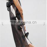 Summer Dress For Women Black Lightweight Organza Contrast Lining Crew Neck Bow Detail Midi Organza Dress thumbnail-1