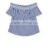 Ladies Smocking Elastic off Shoulder Striped Blouses With Frills Casual Tops thumbnail-6