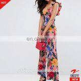 2017 New Fashion Summer Beach Tie Back Floral Pink Print Ladies Casual Ruffle Long Women Jumpsuit thumbnail-2