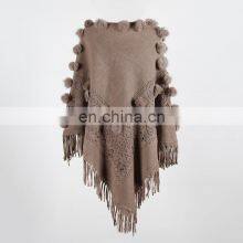 Women O-Neck Solid Fur Ball Tassel Cloak Loose Shawl Sweater thumbnail-4