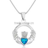 Real 925 Sterling Silver Created Blue Opal Irish Claddagh Pendant Silver Opal Claddagh Pendant