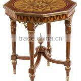 Vintage Natural Wood Carved Coffee Table With Brass Pedestal Handmade Marquetry Round Side Table Castle Living Room Furniture thumbnail-4