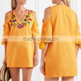 Boho Cold-shoulder Flora Embroidered Crinkled Cotton Mini Dress Mexican Western Dresses Names HSd5199 thumbnail-1