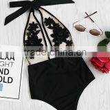 Runwaylover 5490 New Design Black Mesh Embroider Flower Bodysuit thumbnail-2