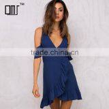 Navy Cold Shoulder Ruffled Wrap Dresses Woman's Chic Summer Wear thumbnail-1