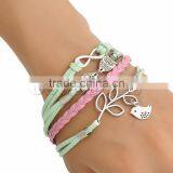 Custom Design Wax Rope Braiding Bracelets Green & Pink Antique Silver Leaf & Halloween Owl Infinity Symbol 17.5cm Long,1Piece thumbnail-1