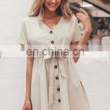 LAITE D2146 Women V-neck Short Sleeve Casual Dress Women Casual Dress With Belt Button thumbnail-6