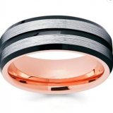 Polished Shiny Yellow Plated Grooved Tungsten Carbide Ring Mens Ring thumbnail-1
