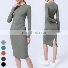 Long Sleeve Waisted Ruffles Split Back Yoga Dress Custom Logo Workout Clothing Gym Fitness Wear Yoga Skirt Women Sports Dress thumbnail-4