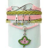 Newest AKA Wrap Bracelet Leaf Alpha Kappaa Alpha AKA Heart Pink Green Custom Leather Bracelet thumbnail-3