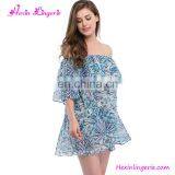 Blue Printing Off Shoulder Short Bohemian Clothing Boho Dress thumbnail-2