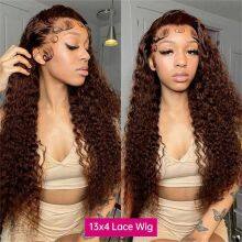 30 Inch Chocolate Brown Deep Wave Preplucked Human Hair 13x4 13X6HD Transparent Lace Front Wigs Curly Lace Frontal Wig for Women thumbnail-3