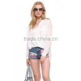 Ladies white long sleeve V neck front cross short front long back sexy chiffon blouse