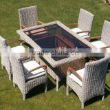 Outdoor Furniture Dining Set Includes Six Chairs With Teak Wood Armrest and Dining Table With Clean Glass Table Top thumbnail-1