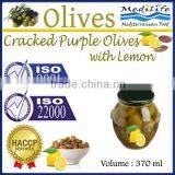 Cracked Purple Olives with Lemon, High Quality 100% Tunisian Table Olives.Cracked Olives with Lemon 370 ml Glass Jar