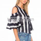 Striped Design Women Top Cold Shoulder Trendy Holiday Fashion Tops thumbnail-4