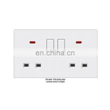 Fashion new white flame-retardant PC panel double 13A three-pole socket switch with lamp electric wall switch socket