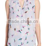 Women Print Pleat Back Split Neck Sexy Sleeveless Blouse Patterns thumbnail-3