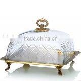 Antique Brass Round Cupcake Tray With Crackle Glass Cover, Ornamental Bronze Casting Dessert Tray Holder For Tableware thumbnail-3