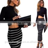 2015 Hot Fashion Two Pieces Striped Skirt + Hollow Out Sexy Bare Belly Long Sleeve Tops 1 set