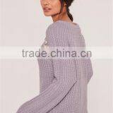 Custom Label Brand Women Plain Long Sleeve Knitwear Crewneck Lace Up Jumper Purple Pullover Oversized thumbnail-2
