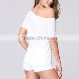 Fashion Women T-shirt Lace Short Sleeve Shoulder Off Blouse Plus Size thumbnail-4