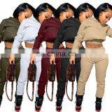 New Women Custom Logo Plain 2 Pieces Sport Crop Jogger And Hoodie Set