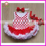 Wholesale white and red square print baby girl romper bodysuit pettiskirt with headband and shoes