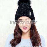 Logo Design Accept Woman Winter Warm Plush Thicken Winter Beanie Knit Hat With Fur Poms thumbnail-4
