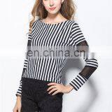 2017 Latest Fashion Women's Tee Shirt Korean Slim Vertical Stripes Stitching Female Blouse Shirt With Mesh Long Sleeve thumbnail-3