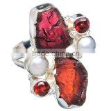 925 SOLID STERLING FINE SILVER ROUGH GARNET & PEARL RING thumbnail-1