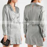 Latest Metallic Gray-green Long Sleeve Wrap Effect Silk-Jacquard Mini Dress Design Pictures Names Of Ladies Dresses HSD5932 thumbnail-1