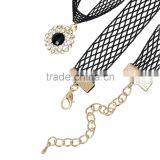 Gold Plated Black Mesh Round Pendant Clear Rhinestone Terylene Necklace thumbnail-2