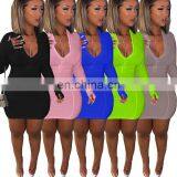 Neon Green Summer Bodycon Dress Women Long Sleeve Pink Solid Zipper Sexy Wrap Dress Autumn Ladies Short Dresses Vestidos