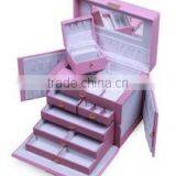 Pink Leather Jewelry Box Storage Organizer With Lock Mirror and Mini Travel Case thumbnail-1