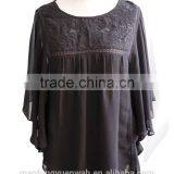Sexy Chiffon Fluffy Bat Sleeve With Floral Embroidery Design Ladies Blouse Top thumbnail-1